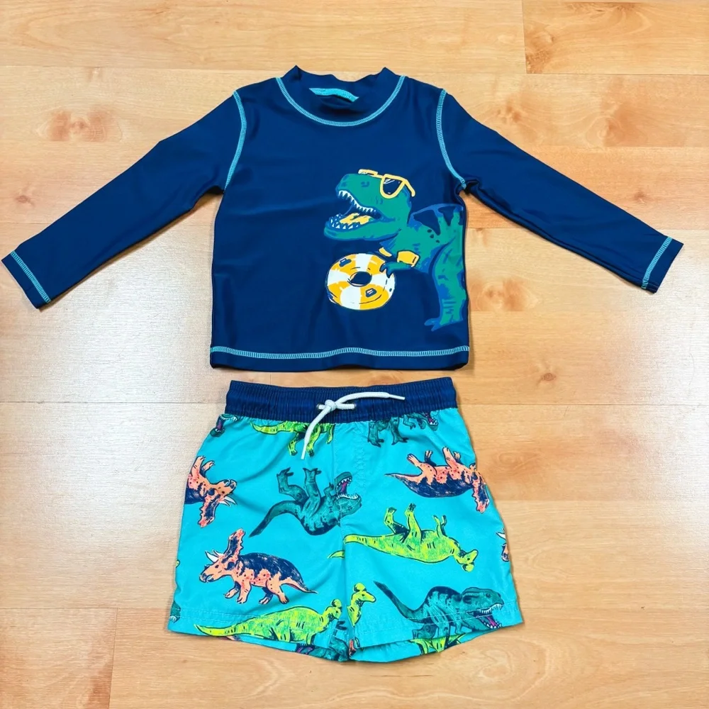 Carters Blue & Green 2-Piece Dinosaur Long Sleeve Rashguard & Swim Trunk Set 24M